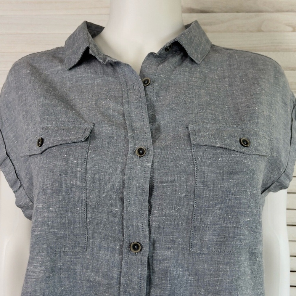 Prana Womens McCray Top Camp Blouse Blue Chambray Button Front Hemp Tencel M